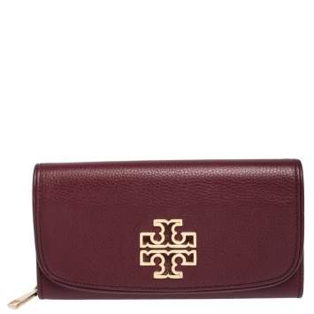 Pre Owned Tory Burch Burgundy Leather Logo Flap Continental Wallet