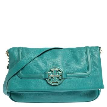 Pre Owned Tory Burch Green Leather Amanda Foldover Crossbody Bag