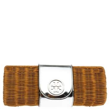 Pre Owned Tory Burch Silver Rattan and Patent Leather Wicker Clutch