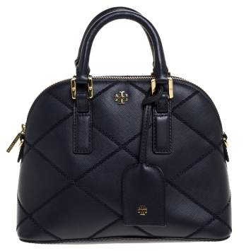 Pre Owned Tory Burch Navy Blue Leather Mini Robinson Stitched Dome Satchel