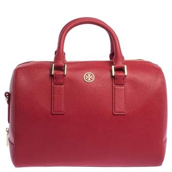 Pre Owned Tory Burch Red Leather Medium Robinson Boston Bag