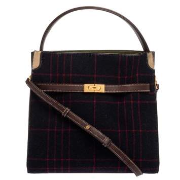 Pre Owned Tory Burch Multicolor Check Wool and Suede Lee Radziwill Top Handle Bag