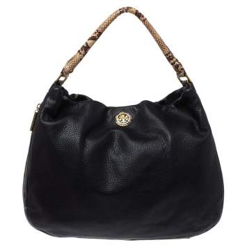 Pre Owned Tory Burch Black/Beige Leather and Snakeskin Effect Hobo