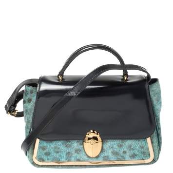 Pre Owned Tory Burch Navy Blue/Turquoise Leather Top Handle Bag
