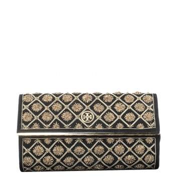 Pre Owned Tory Burch Black Quilted Suede Bria Embellished Flap Clutch