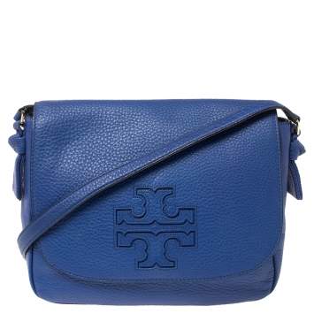 Pre Owned Tory Burch Blue Leather Harper Flap Messenger Bag