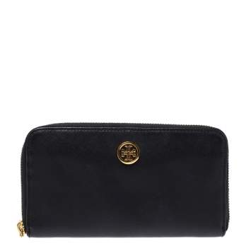Pre Owned Tory Burch Black Leather Robinson Zip Around Wallet