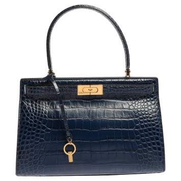 Pre Owned Tory Burch Blue Crocodile Embossed Leather Lee Radziwill Top Handle Bag
