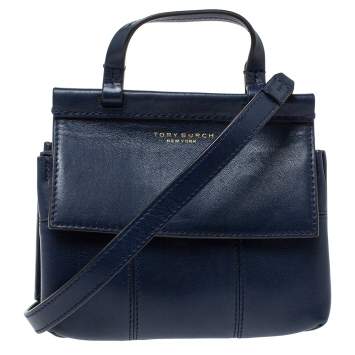 Pre Owned Tory Burch Navy Blue Leather Mini Block T Top Handle Bag