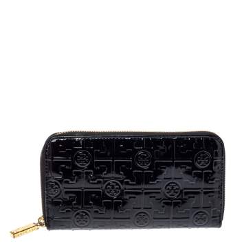 Pre Owned Tory Burch Black Patent Leather Embossed Logo Zip Around Wallet 