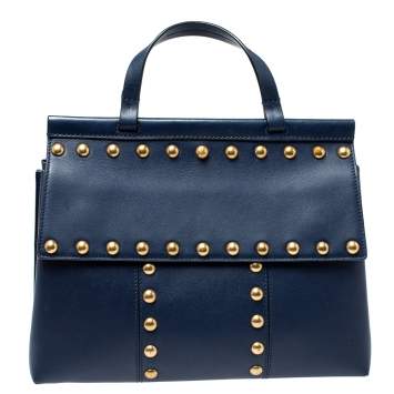 Pre Owned Tory Burch Navy Blue Leather Block-T Studded Top Handle Bag