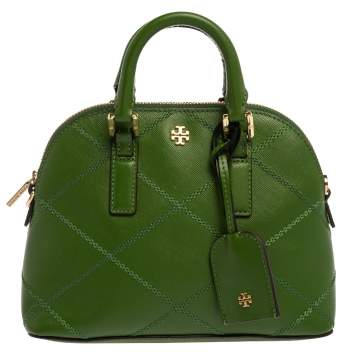 Pre Owned Tory Burch Green Leather Mini Stitched Robinson Satchel