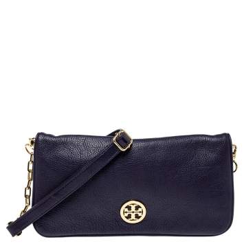 Pre Owned Tory Burch Purple Leather Logo Flap Clutch Bag