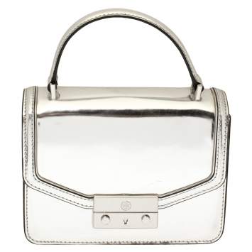 Pre Owned Tory Burch Metallic Silver Leather Mini Juliette Top Handle Bag