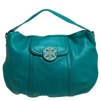 Pre Owned Tory Burch Teal Blue Leather Amanda Flat Hobo