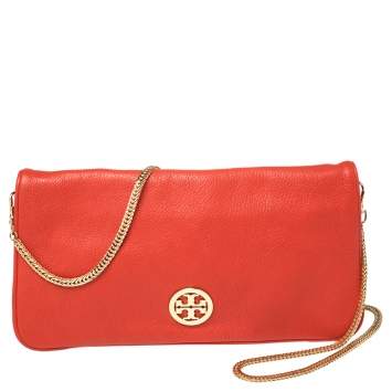 Pre Owned Tory Burch Red Leather Logo Chain Clutch 