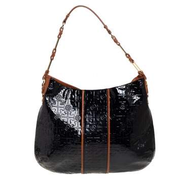 Pre Owned Tory Burch Black Monogram Embossed Patent Leather Snap Hobo