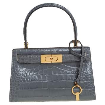 Pre Owned Tory Burch Grey Croc Embossed Leather Petite Lee Radziwill Top Handle Bag