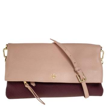 Pre Owned Tory Burch Bordeaux/Peach Grained Leather Fold Over Clutch Bag