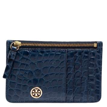 Pre Owned Tory Burch Blue Croc Embossed Leather Walker Top Zip Card Holder 