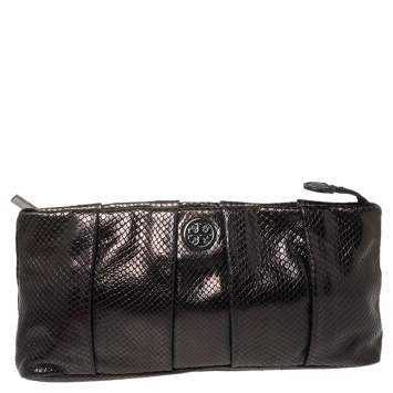 Pre Owned Tory Burch Black Python Embossed Leather Clutch
