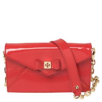 Pre Owned Tory Burch Red Patent Leather Bow Wallet On Chain