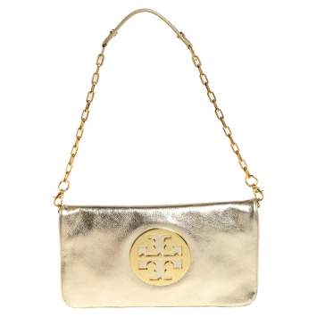 Pre Owned Tory Burch Metallic Gold Leather Reva Chain Clutch