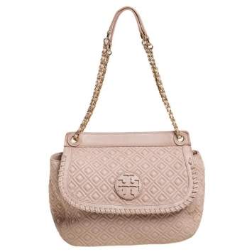 Pre Owned Tory Burch Beige Quilted  Leather Marion Shoulder Bag