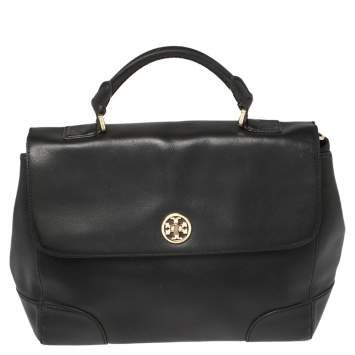 Pre Owned Toy Burch Black Leather Robinson Flap Top Handle Bag