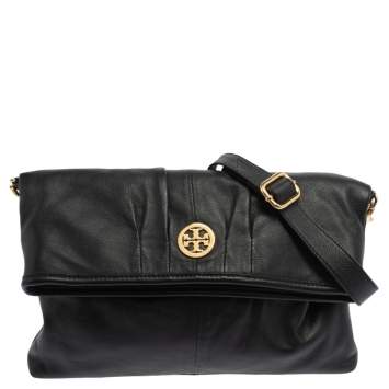 Pre Owned Tory Burch Black Leather Fold Over Messenger  Bag