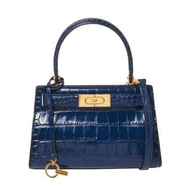 Pre Owned Tory Blue Croc Embossed Leather Petite Lee Radziwill Top Handle Bag