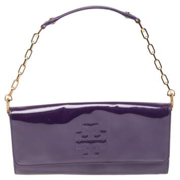 Pre Owned Tory Burch Purple Patent Leather Logo Embossed Flap Chain Clutch