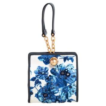 Pre Owned Tory Burch White/Blue Fabric And Nubuck Trim Darcy Embellished Clutch