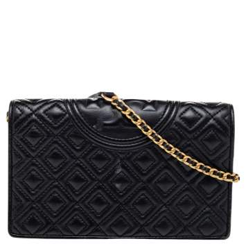 Pre Owned Tory Burch Black Quilted Leather Fleming Chain Clutch