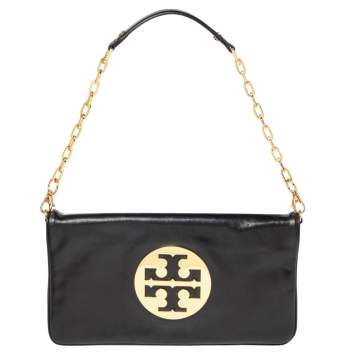 Pre Owned Tory Burch Black Leather Reva Chain Clutch