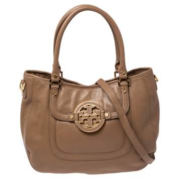 Pre Owned Tory Burch Dark Beige Leather Amanda Hobo