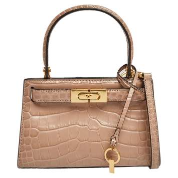 Pre Owned Tory Burch Peach Croc Embossed Leather Petite Lee Radziwill Top Handle Bag