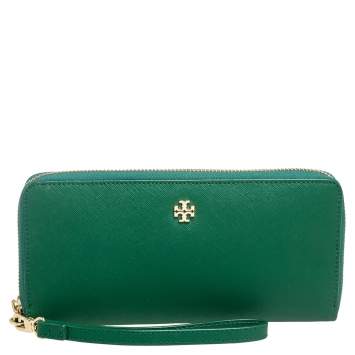 Pre Owned Tory Burch Green Leather Robinson Zip Around Wristlet Wallet Organizer