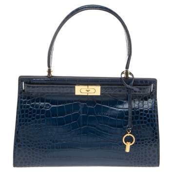 Pre Owned Tory Burch Blue Crocodile Embossed Leather Lee Radziwill Top Handle Bag