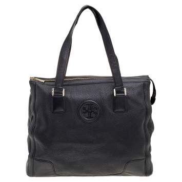 Pre Owned Tory Burch Black Leather Top Zip Robinson Tote