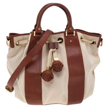 Pre Owned Tory Burch Brown/Beige Canvas And Leather Shoulder Bag