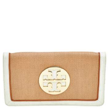 Pre Owned Tory Burch Beige/Off White Raffia And Patent Leather Reva Foldover Clutch