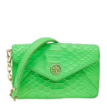 Pre Owned Tory Burch Neon Green Python Embossed Leather Miniature Crossbody Bag