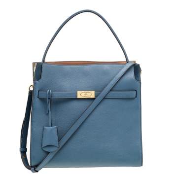 Pre Owned Tory Burch Blue Leather Lee Radziwill Top Handle Bag