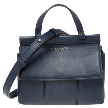 Pre Owned Tory Burch Blue Leather Mini Block T Top Handle Bag