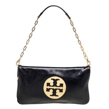 Pre Owned Tory Burch Black Glossy Leather Reva Chain Clutch