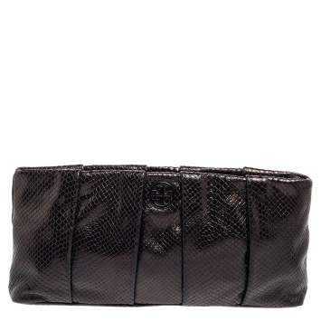 Pre Owned Tory Burch Metallic Black Python Embossed Leather Clutch