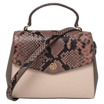 Pre Owned Tory Burch Multicolor Python Effect and Leather Robinson Flap Top Handle Bag
