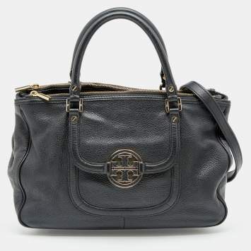 Pre Owned Tory Burch Black Leather Logo Amanda Tote
