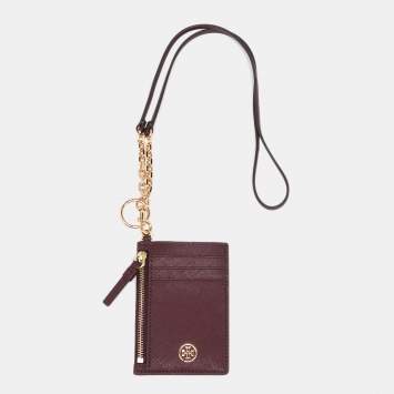 Pre Owned Tory Burch Burgundy Leather ID Card Holder
